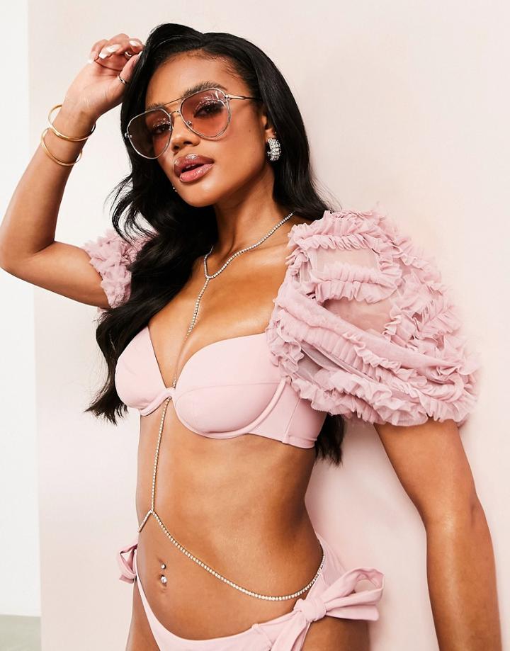 Asos Luxe Puff Sleeve 3d Lace Bikini Top In Mink-pink