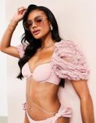Asos Luxe Puff Sleeve 3d Lace Bikini Top In Mink-pink