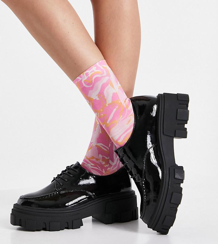 Asos Design Wide Fit Mall Chunky Lace Up Flat Shoes In Black