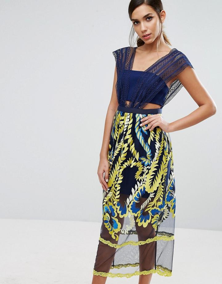 Three Floor Midi Dress With Embroided Skirt - Multi