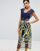Three Floor Midi Dress With Embroided Skirt - Multi