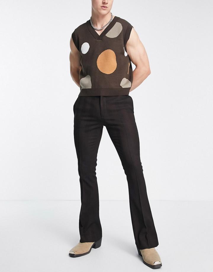 Asos Design Smart Skinny Flared Pants In Chocolate Wide Wool Mix Herringbone-brown