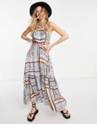 Violet Romance Halter Neck Cut Out Side Midi Trapeze Dress In Floral Print-multi