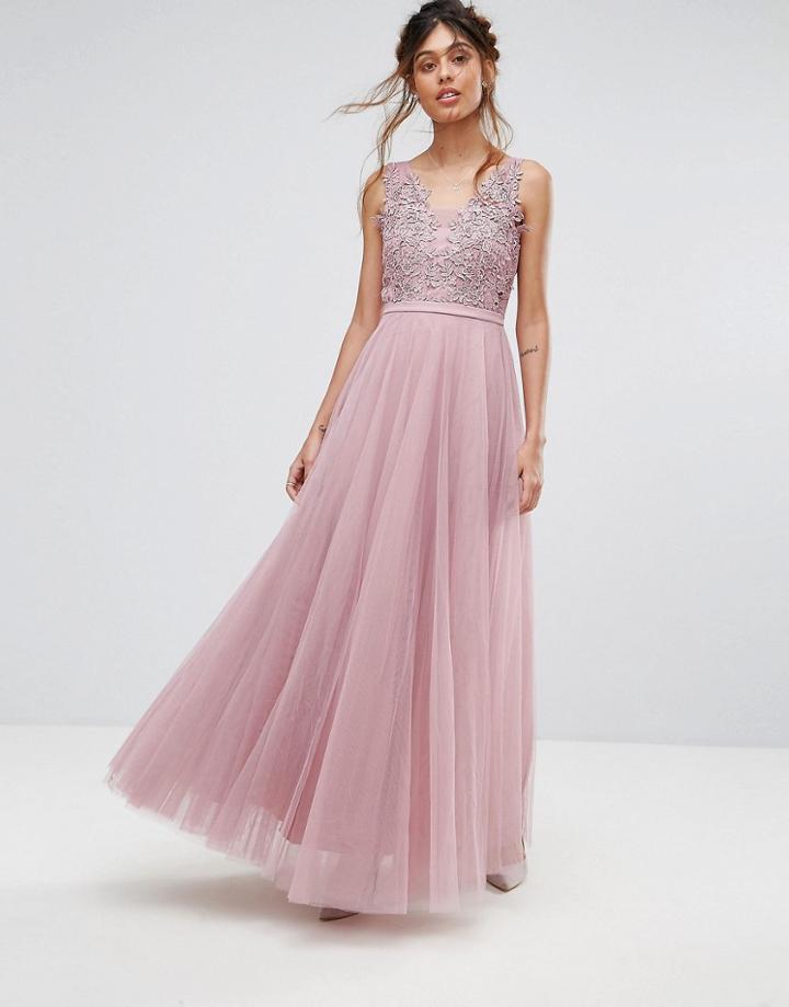 Little Mistress Maxi Dress With V Neck And Floral Applique - Pink