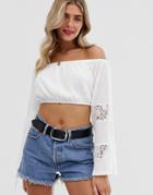 Asos Design Bardot Crop Top In Crinkle With Wide Lace Insert Sleeves-white