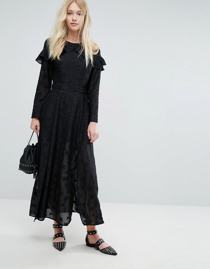 Liquorish Embroidered Star Maxi Dress With Ruffles - Black