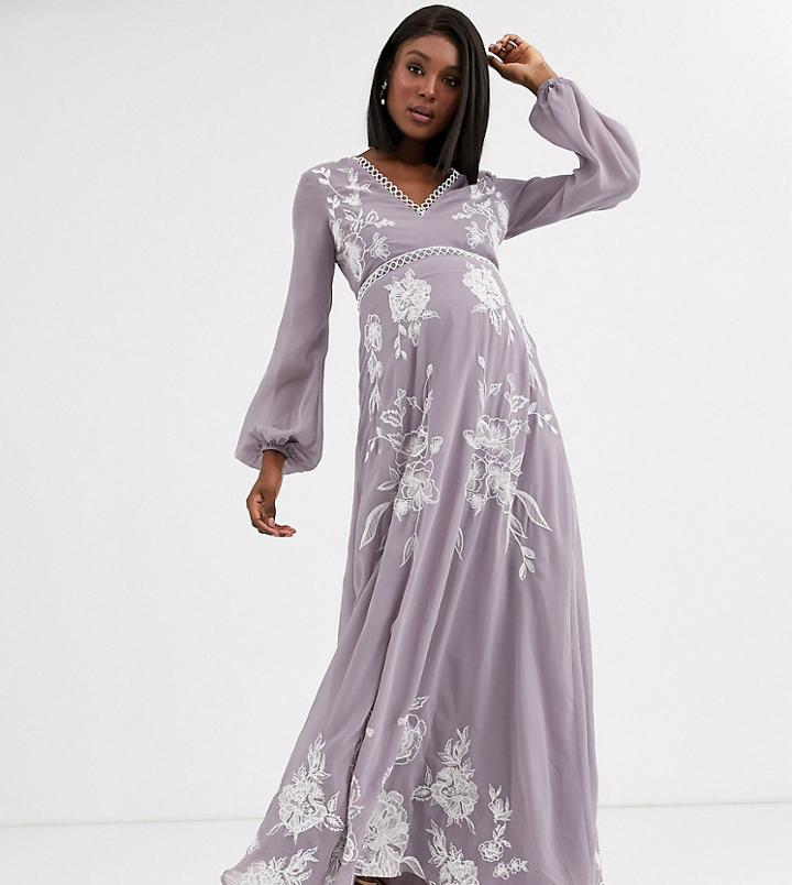 Asos Design Maternity Maxi Dress With Split Sleeve In Ocassion Embroidery And Circle Trim - Multi