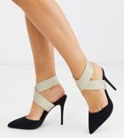 Asos Design Wide Fit Payback Elastic High Heels Black And Gold