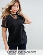 Asos Curve T-shirt With Lace Plunge And Sleeve - Black
