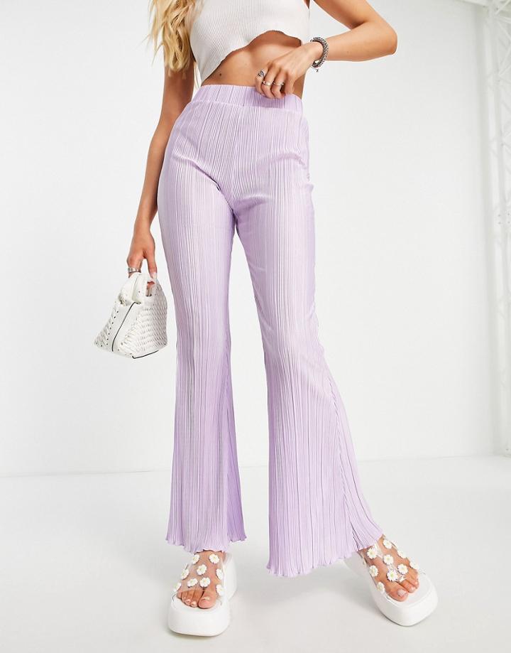 Monki Wide Leg Plisse Pants In Lilac-purple