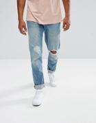 Asos Stretch Slim Jeans In Light Wash With Rips - Blue