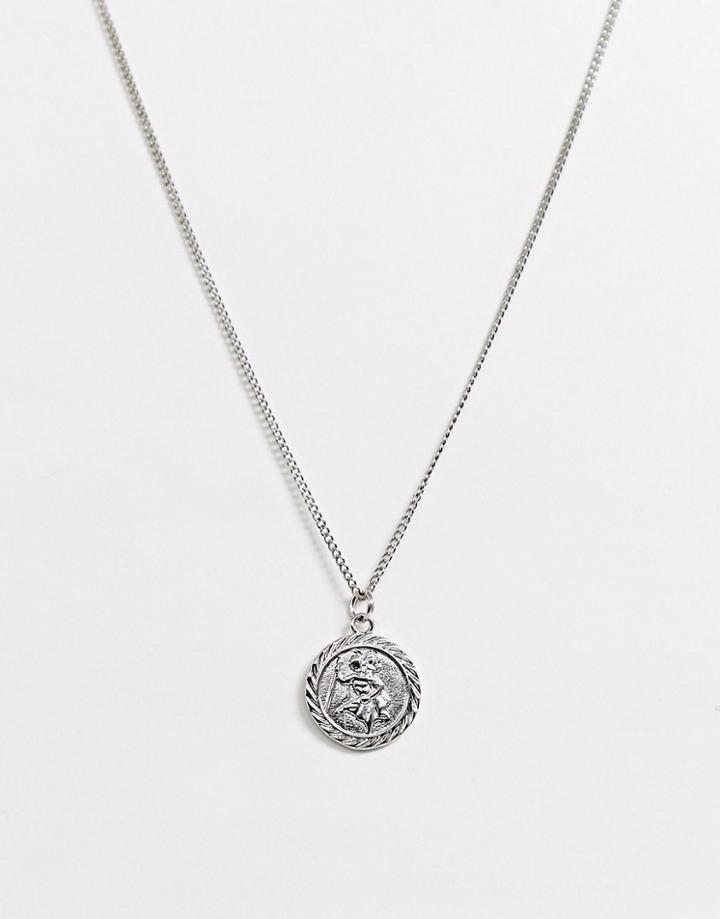 Asos Design Necklace With St Christopher Coin Pendant In Silver Tone
