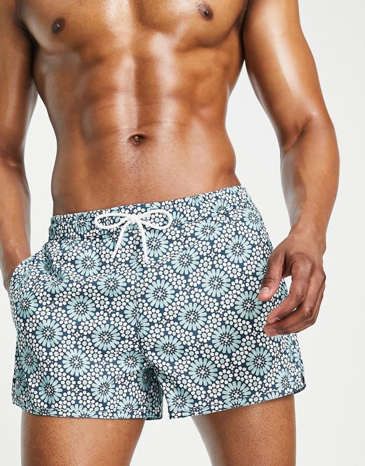 Abercrombie & Fitch 3inch Relaxed Fit Tile Print Swim Shorts In Blue