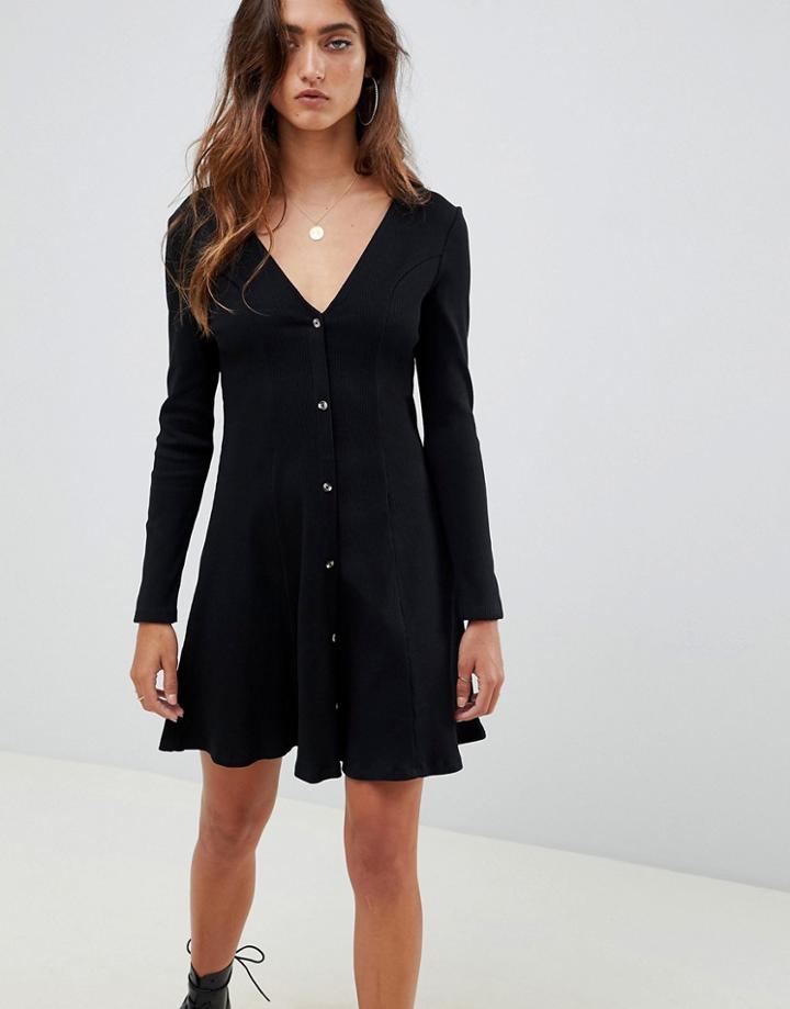 Asos Design Button Through Rib Tea Dress-black