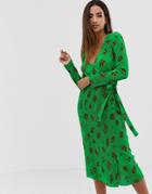 Asos Design Midi Plisse Wrap Dress In Green Based Floral-multi
