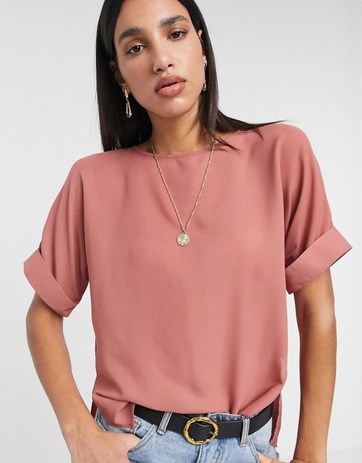 Asos Design Oversized Woven Tee With Roll Sleeve In Rose Pink-white