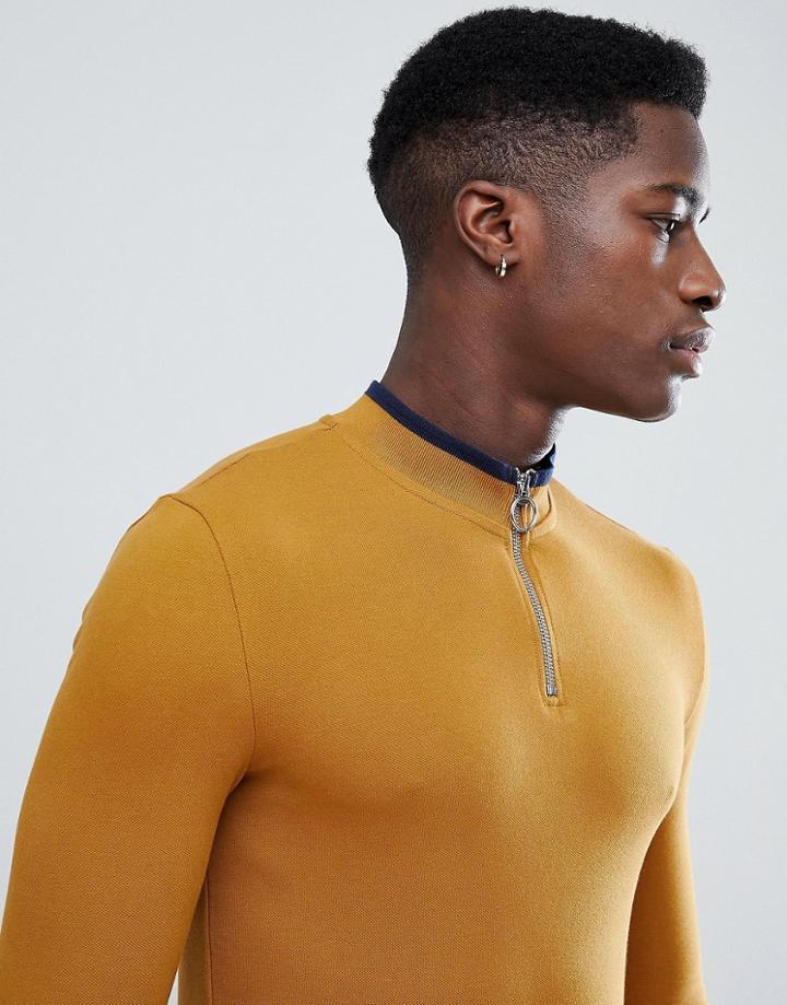 Asos Design Muscle Fit Pique Long Sleeve T-shirt With Zip Neck And Tipping - Multi