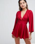 Parallel Lines Romper With Cape Sleeves - Red