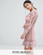 True Decadence Petite Long Sleeve All Over Lace Dress With Frill Detail - Pink