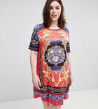 Pink Clove T-shirt Dress With Luxe Scarf Print - Multi