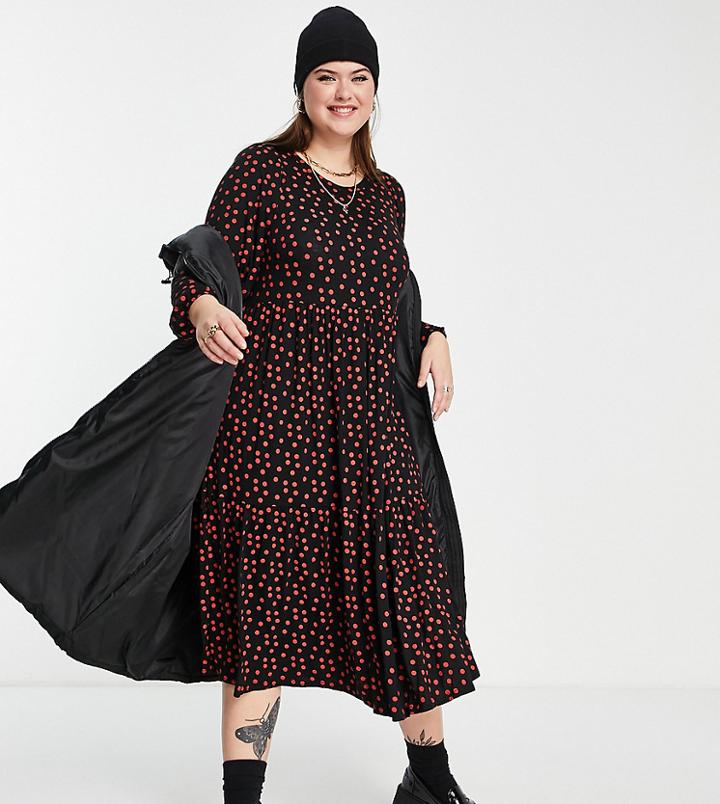Yours Tiered Midi Dress In Black Polka Dot