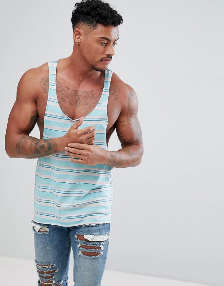 Asos Design Stripe Extreme Racer Back Tank With Raw Edge - Green
