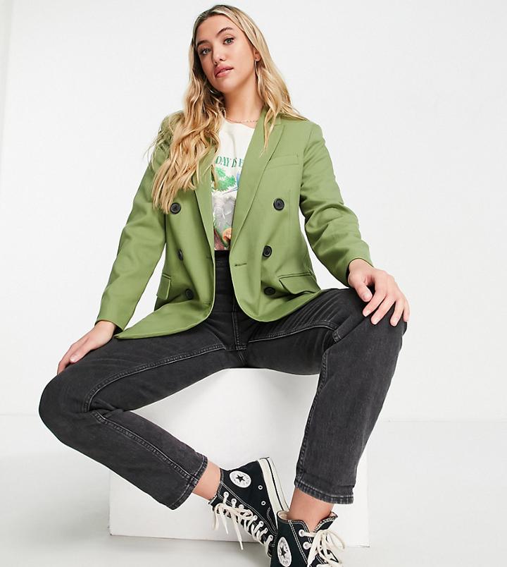 Stradivarius Double Breasted Dad Blazer In Light Khaki-green