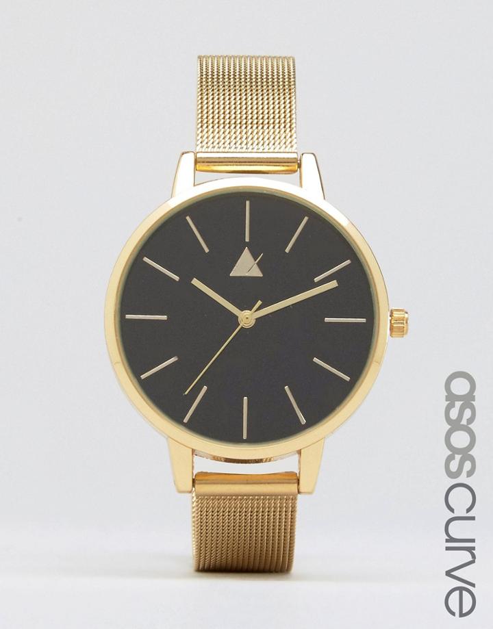Asos Curve Large Matte Black Face Watch With Skinny Mesh Strap - Gold