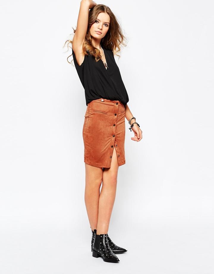 First & I Button Up Suedette Skirt - Tan