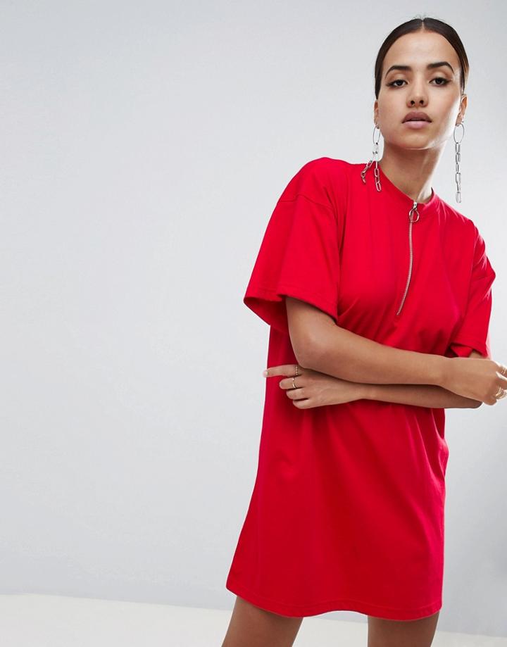 Missguided Zip Front T-shirt Dress - Red
