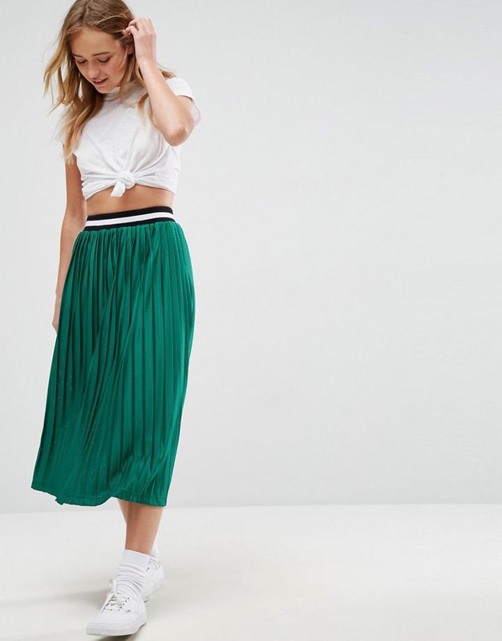 Asos Perforated Pleated Midi Skirt With Sports Tipped Waistband - Green