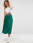 Asos Perforated Pleated Midi Skirt With Sports Tipped Waistband - Green