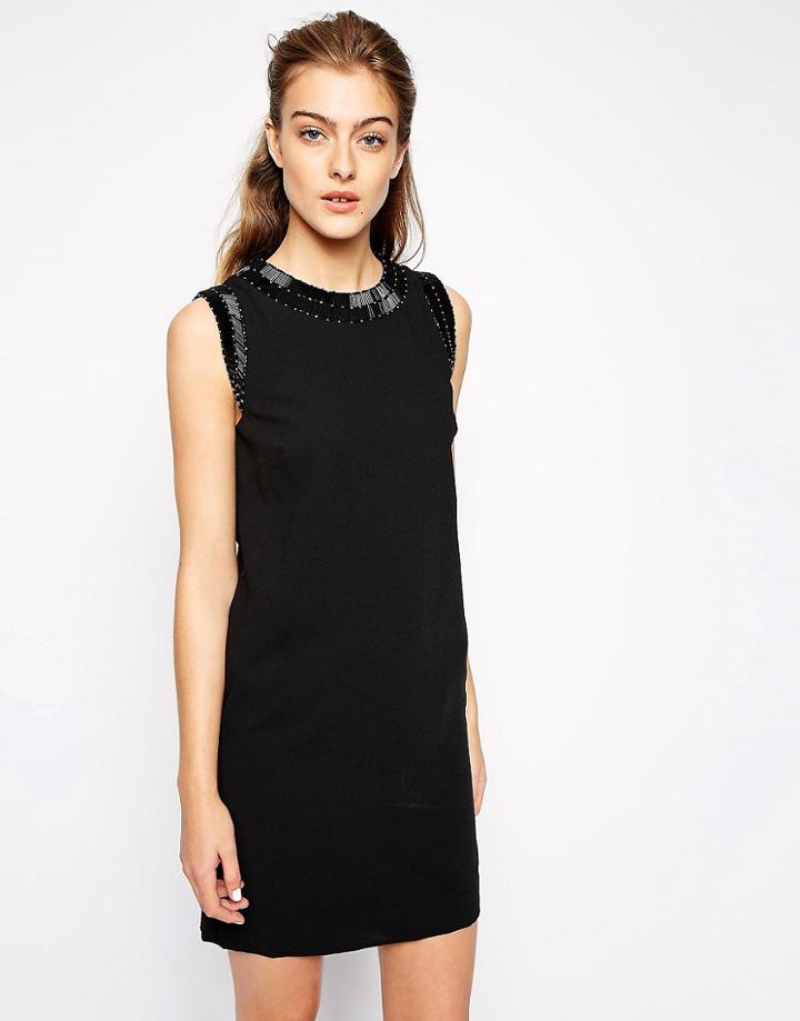 Mango Embellished Neck Detail Shift Dress - Black