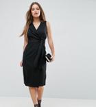Asos Petite Wrap Front Midi Pencil Dress With Tie Detail - Black