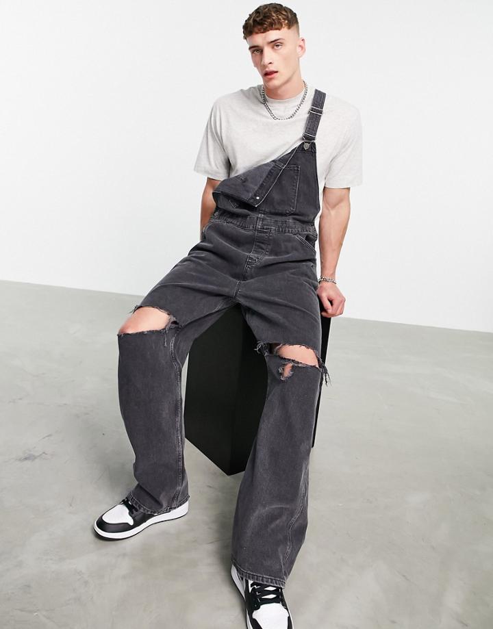 Asos Design Baggy Denim Overalls In Washed Black With Knee Rips