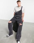 Asos Design Baggy Denim Overalls In Washed Black With Knee Rips
