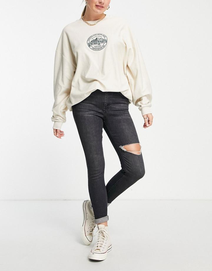 Topshop Jamie Thigh Rip Jean In Washed Black