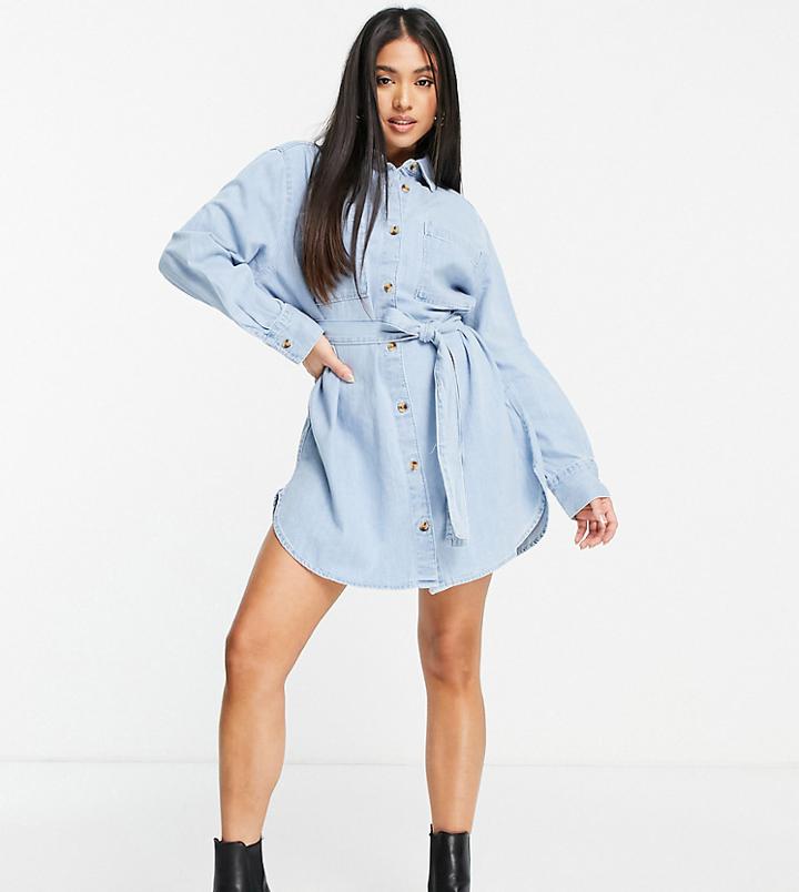 Asos Design Petite Soft Denim Oversized Belted Shirt Dress In Mid Wash-blues