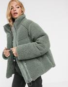Asos Design Fleece Puffer Jacket In Sage-green