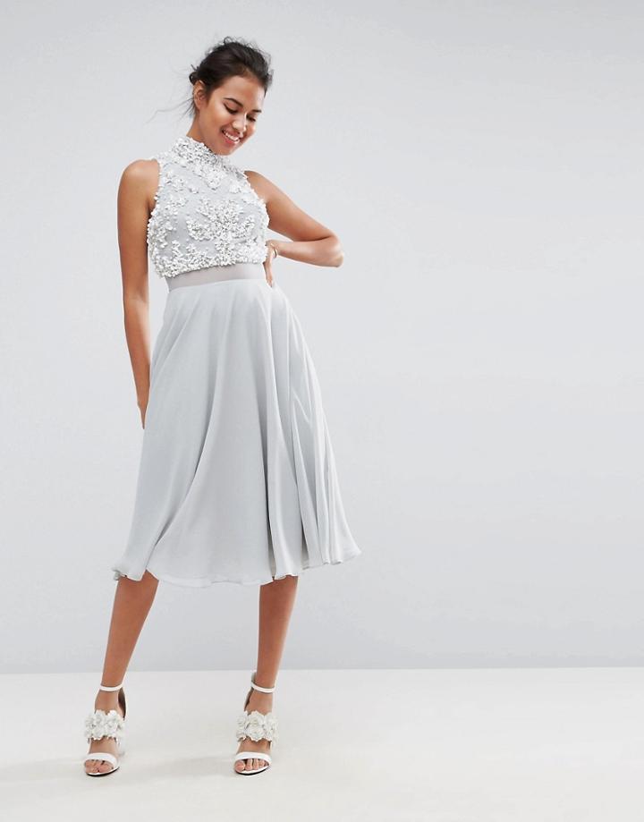 Asos Pearl Embellished Crop Top Midi Skater Dress - Multi