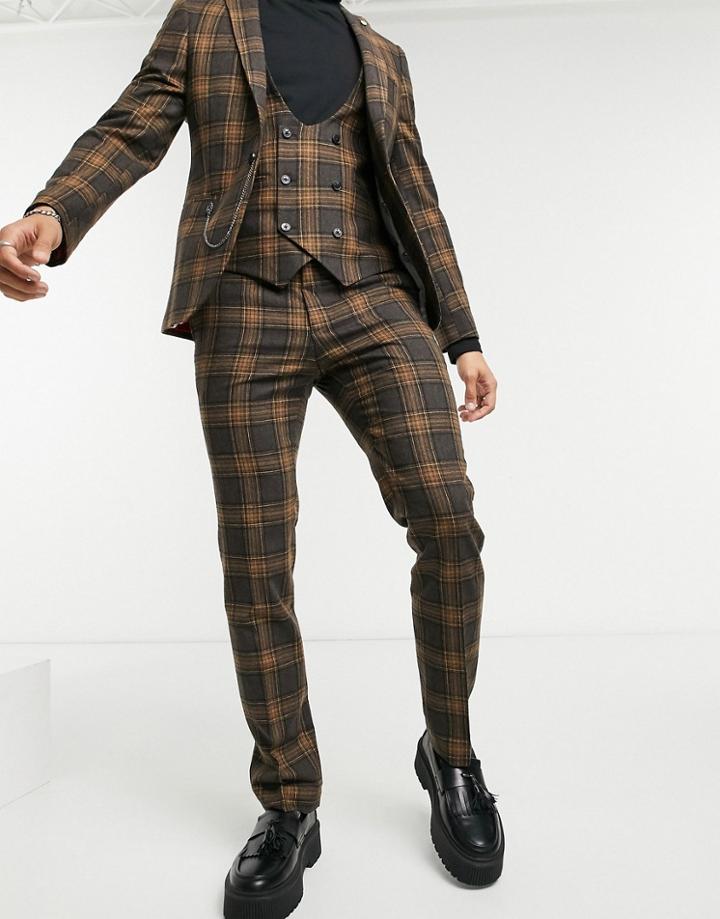 Twisted Tailor Suit Pant In Brown And Gray Plaid-grey