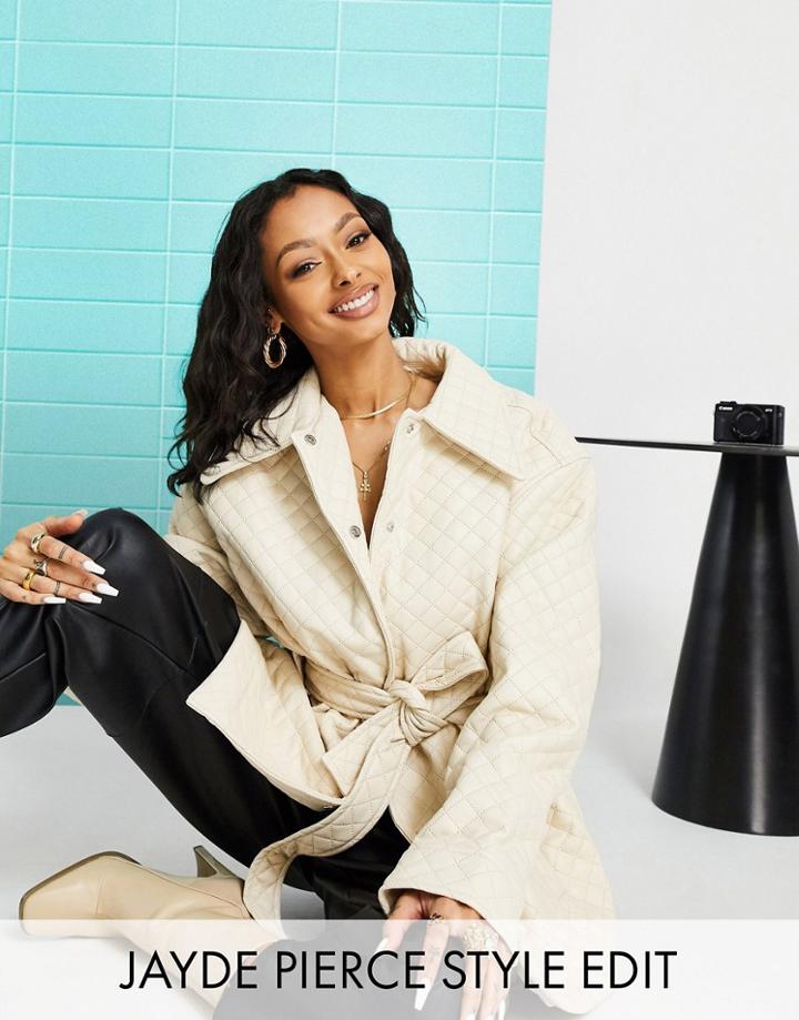 Asos Design Quilted Leather Look Jacket In Cream-white