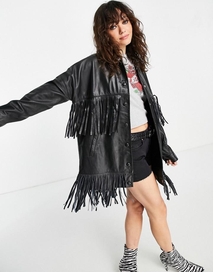 Barney's Originals Real Leather Oversized Tasseled Jacket-black