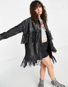 Barney's Originals Real Leather Oversized Tasseled Jacket-black