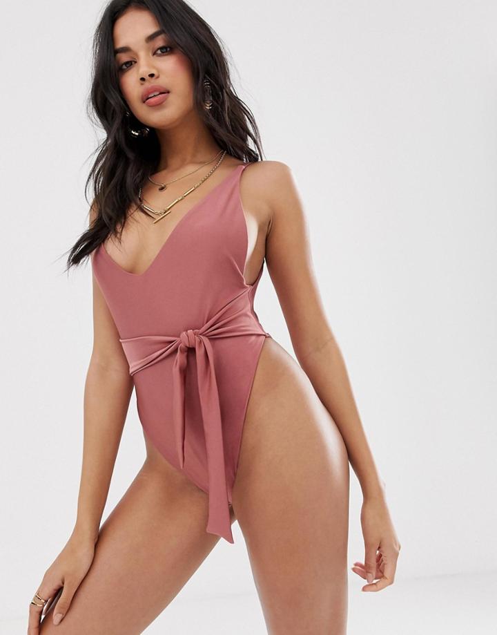 Asos Design Skinny Strap Deep Plunge Tie Front Swimsuit In Shiny Rust - Brown