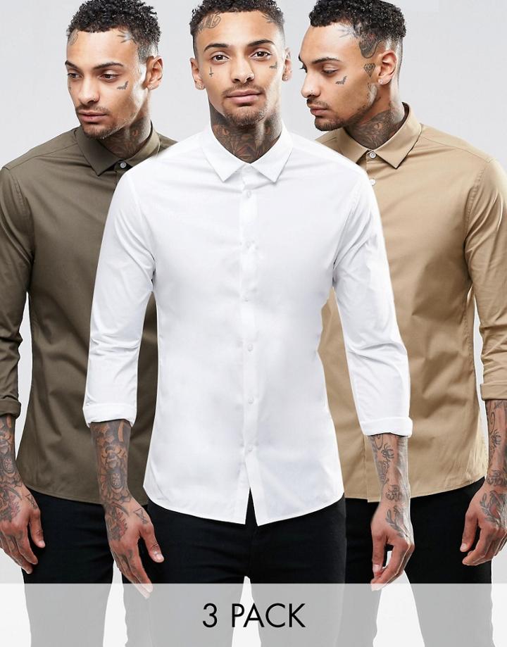 Asos Skinny Shirt In White Khaki And Stone Pack Save 17%