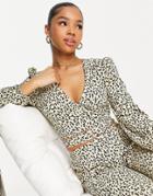 Miss Selfridge Wrap Tie Waist Crop Shirt In Animal Print - Part Of A Set-brown