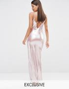 Naanaa Cami Maxi Dress With Thigh Split In Rose Gold Liquid Metallic - Metallic Rose Gold