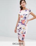 Closet Pencil Dress With Ruched Cap Sleeve In Occasion Print - Multi