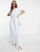 Qed London Tiered Maxi Dress In Blue Daisy Print